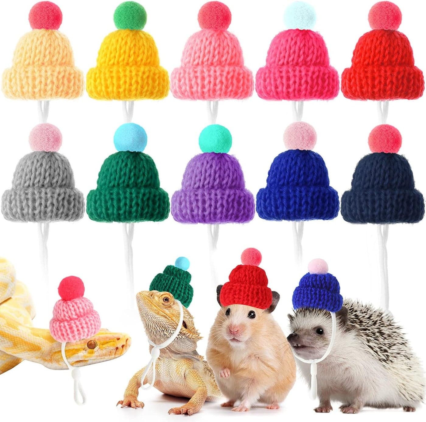 Kajaia 10 Pieces Pet Snake Hat Hamster Hat with Adjustable Elastic Strap Snake Ball Hamster Python Lizard Guinea Pig Knitted Hat with Pompon for Small Reptile Animal Decoration Accessories