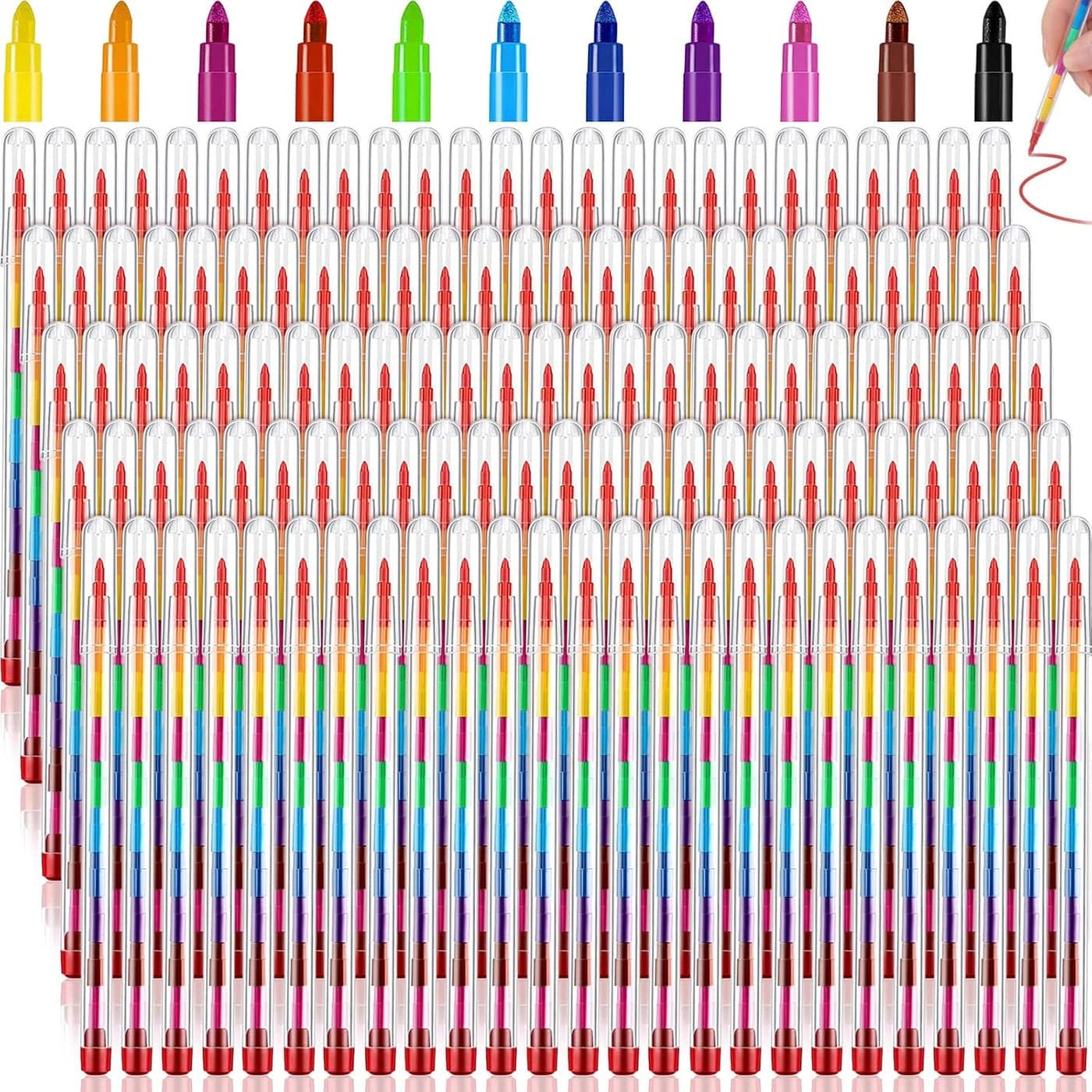 Teling 140 Pieces Stackable Crayons Pencils Party Favors for Kids Preschool 11 Interchangeable Colors Mini Rainbow Crayons Pens Bulk Colorful Painting Toy School Office Supplies