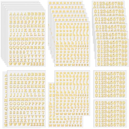 ANCIRS 24 Pack Resin Mini Letter Stickers for Nail Art Glittering Epoxy Alphabet Number Stickers Self Adhesive Scrapbook Stickers for Decoration Christmas DIY Craft Gold