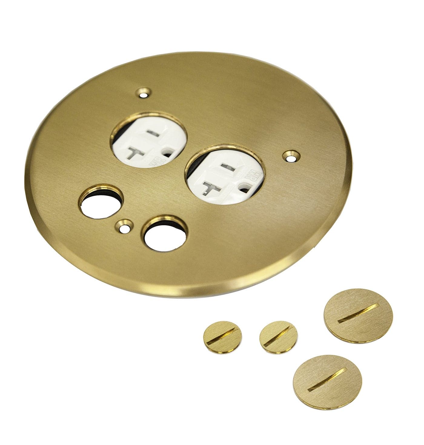 ENERLITES 705519-C Screw Cap Floor Box Cover, 5.50" Diameter, 20A Tamper-Weather Resistant Receptacle Outlet, Data Cable Holes, Watertight Gaskets, UL Listed, 975519-C, Brass