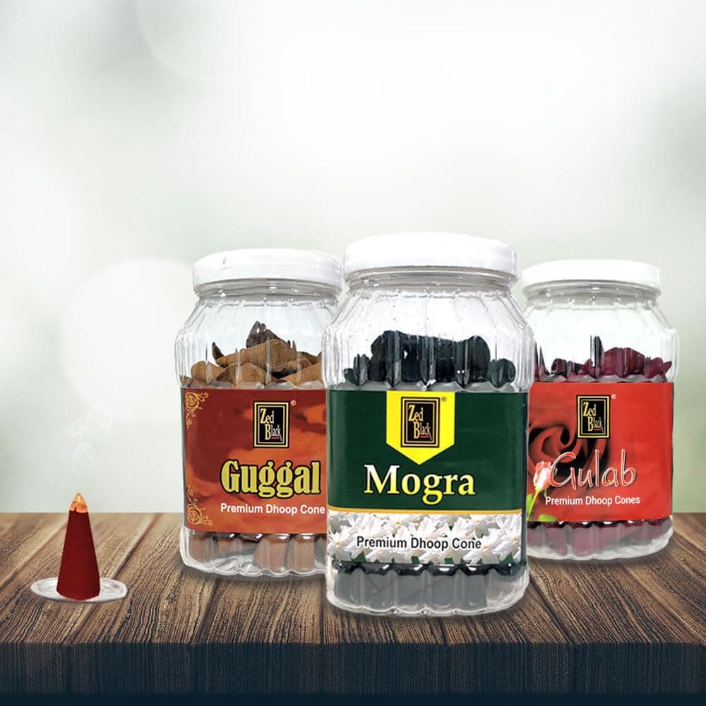 Zed Black Dhoop Cones in Jar Packing Incense Dhoop Cones 3 Fragrances (- Mogra, Gulab & Guggal) | Combo Assorted Pack of 3 Dhoop Cones