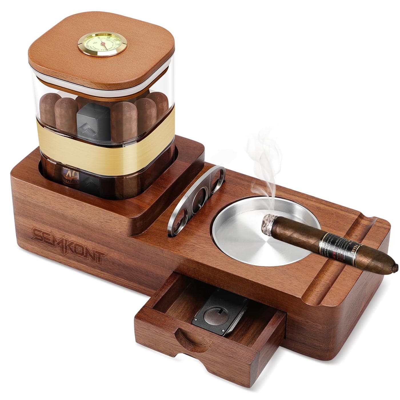 SEMKONT Cigar Humidor and Cigar Ashtray Set,Wooden Ashtray with Cigar Jar Tray, Cigar Cutter Holder,Drawer,Cigar Slot and Cigar Cutter,Home Cigar Accessories Gift Sets for Men (Brown-Square)