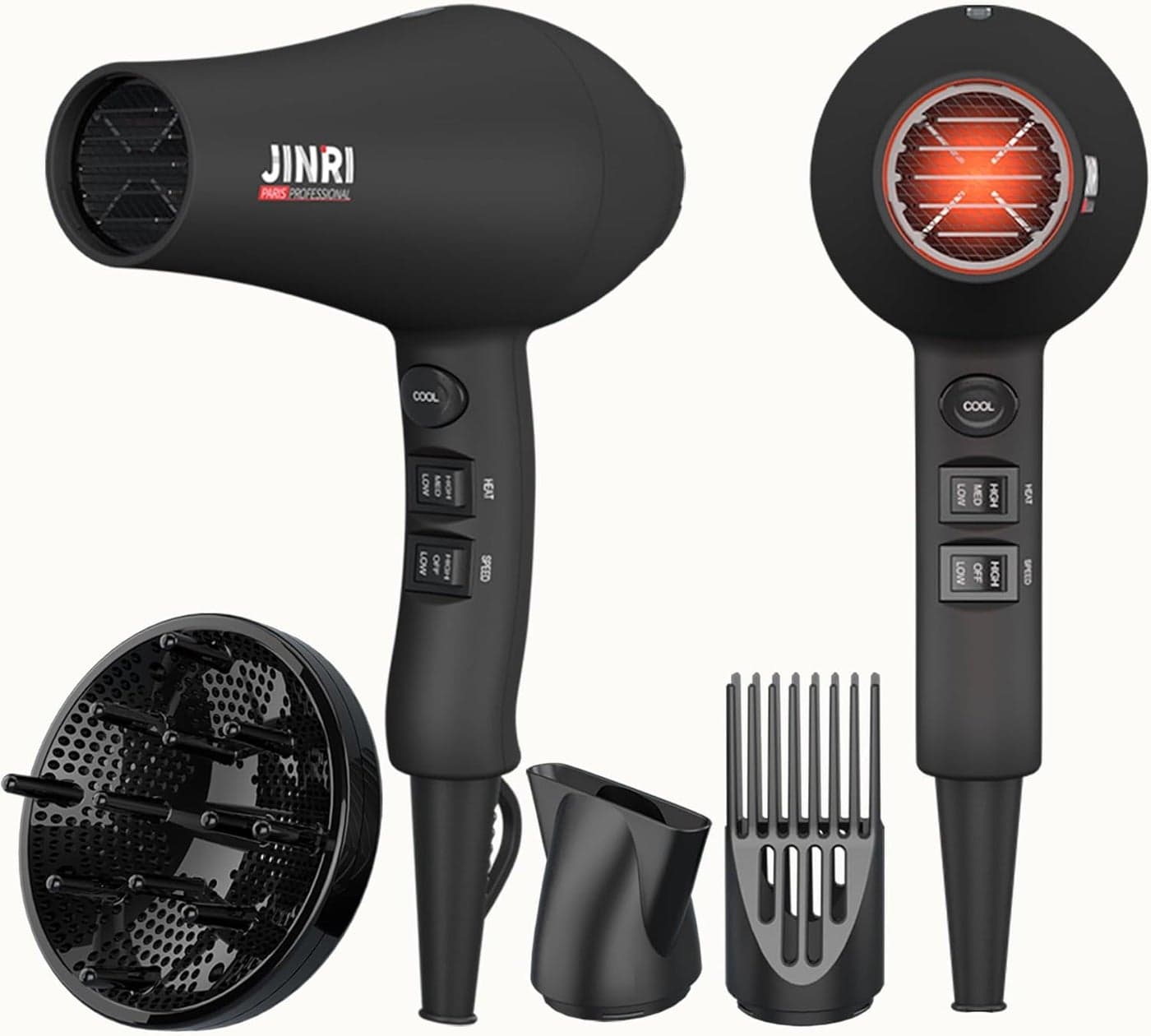 JINRI Ionic Hair Dryer with Diffuser Comb and Concentrator Lightweight Quiet Infrared Blow Dryer Powerful 1875 Watt Motor for Smooth and Fast Drying Hair Black