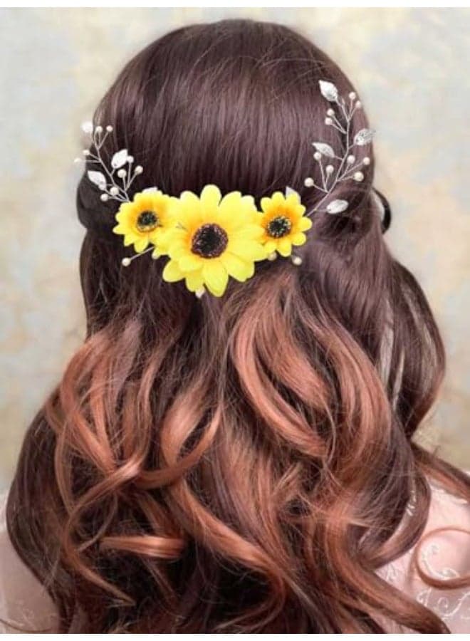 Gorais Sunflower Bride Wedding Hair Vine Silver Pearl Bridal Hair Piece Leaf Headpiece Hair Accessories for Bride and Bridesmaids