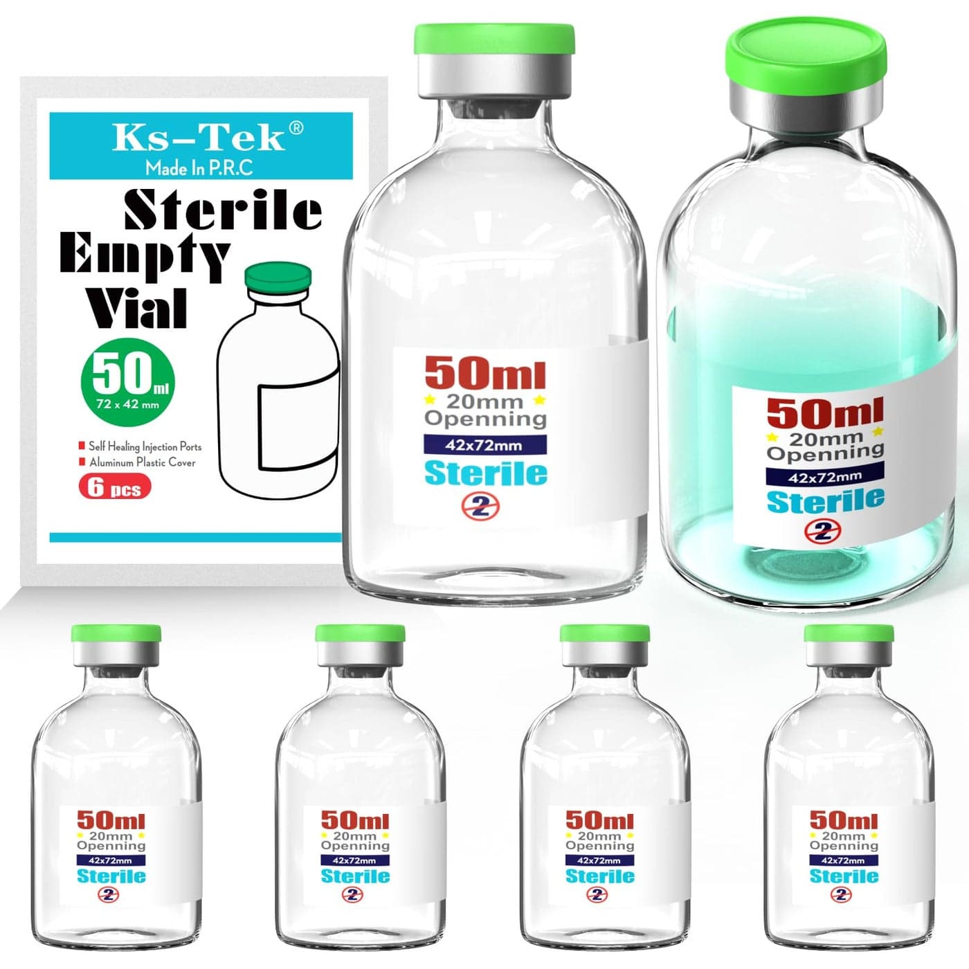 KsTek Sterile Empty Vials with Self Healing Injection Portwith Flip Off Aluminum CapSterile Package 50ml6