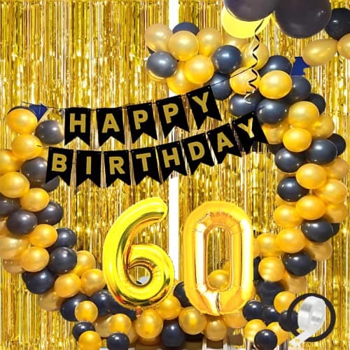Flyloons 60th Black Gold Happy Birthday Decoration for Girls Kids Boys with Black Happy Birthday Banner,Black,Gold Balloons, Golden Foil Curtain,Arch Tape Birthday Celebration Items, 54 Pieces