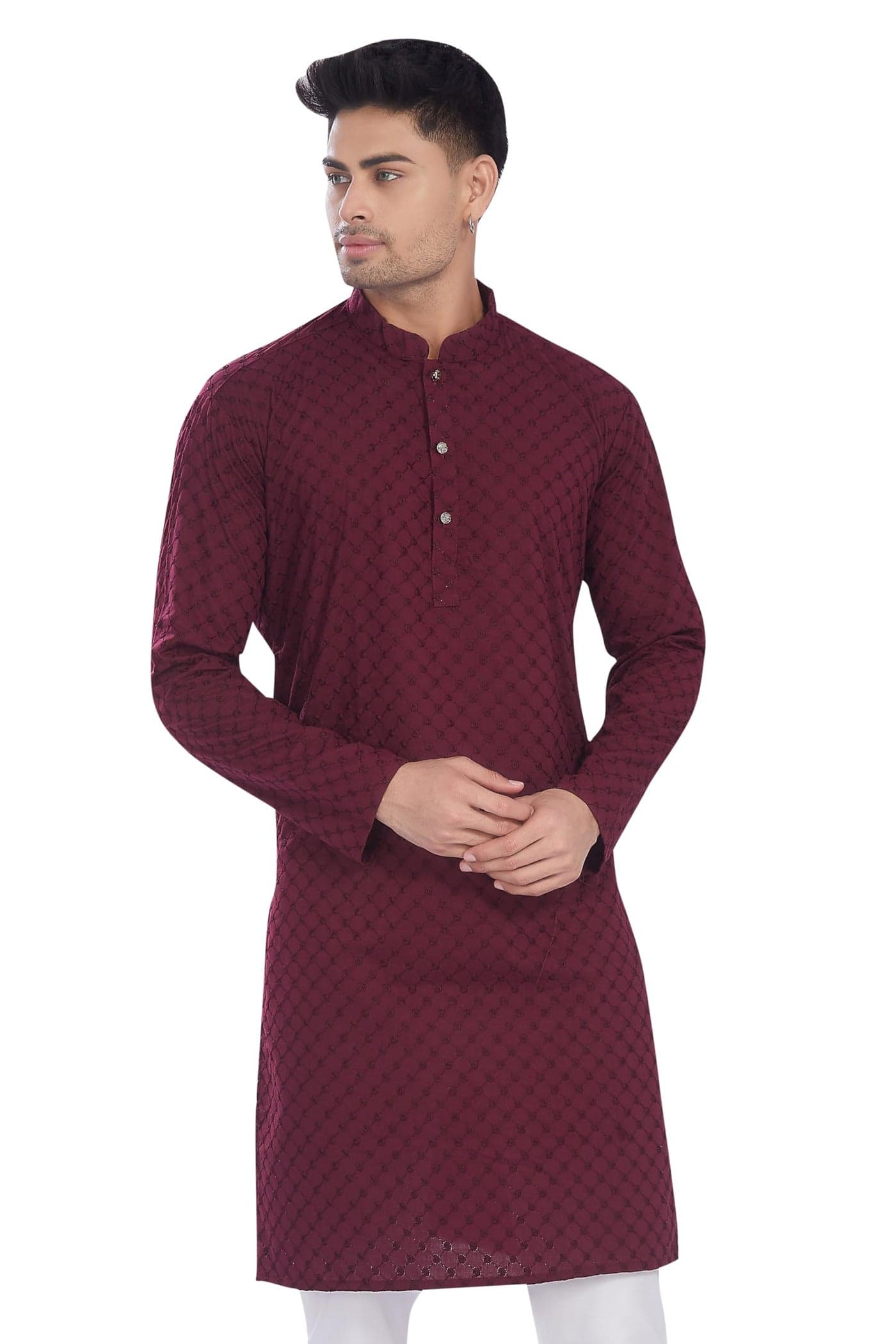 DIVISIVE Men's Thread Embroidered Cotton Only Slim Fit Kurta (DKRT631_L_Burgundy)