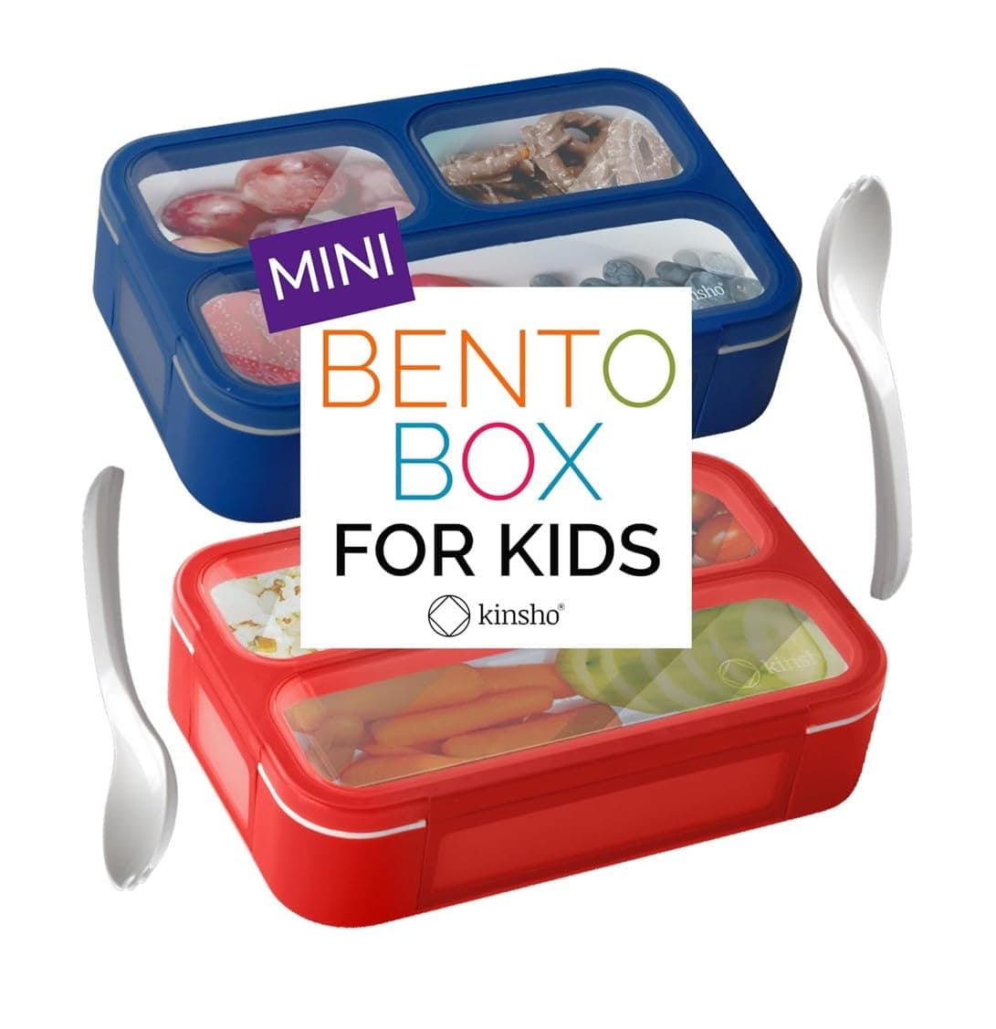 kinsho Snack Containers Small Bento Lunch Box for Kids Girls Boys Toddlers MINI Leakproof Boxes Baby Bentobox for School Daycare Travel Portion Containers 2 pack Red Navy Blue