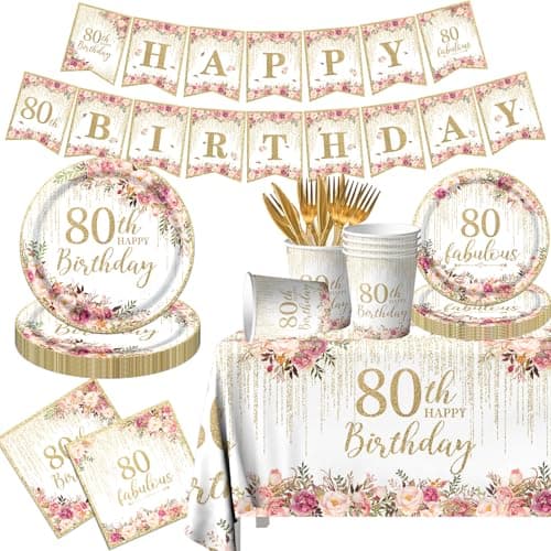 80th Birthday Party Tableware 142Pcs Rose Gold 80th Birthday Decorations Includes 80th Birthday Plates and NapkinsTableclothCup80 and Fabulous Banner80th Birthday Decorations for Women