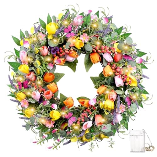 24 Inch Spring Wreaths for Front Door, Artificial Tulip Wreath with Lights & Butterflies, Spring Summer Easter Wreath for Indoor Outdoor Decor