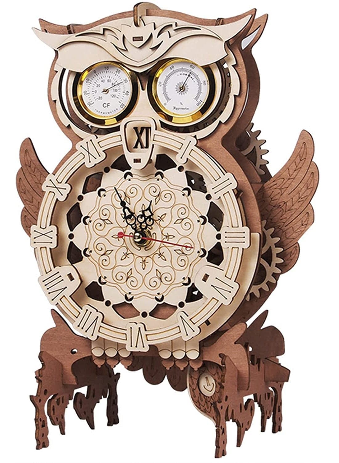 3D Wooden Owl Clock Wall Decor,Hand-Assembled Owl Clock Model with Timing Temperature Humidity Display Function Owl Clock Mechanical Puzzle for Home Office Decoration
