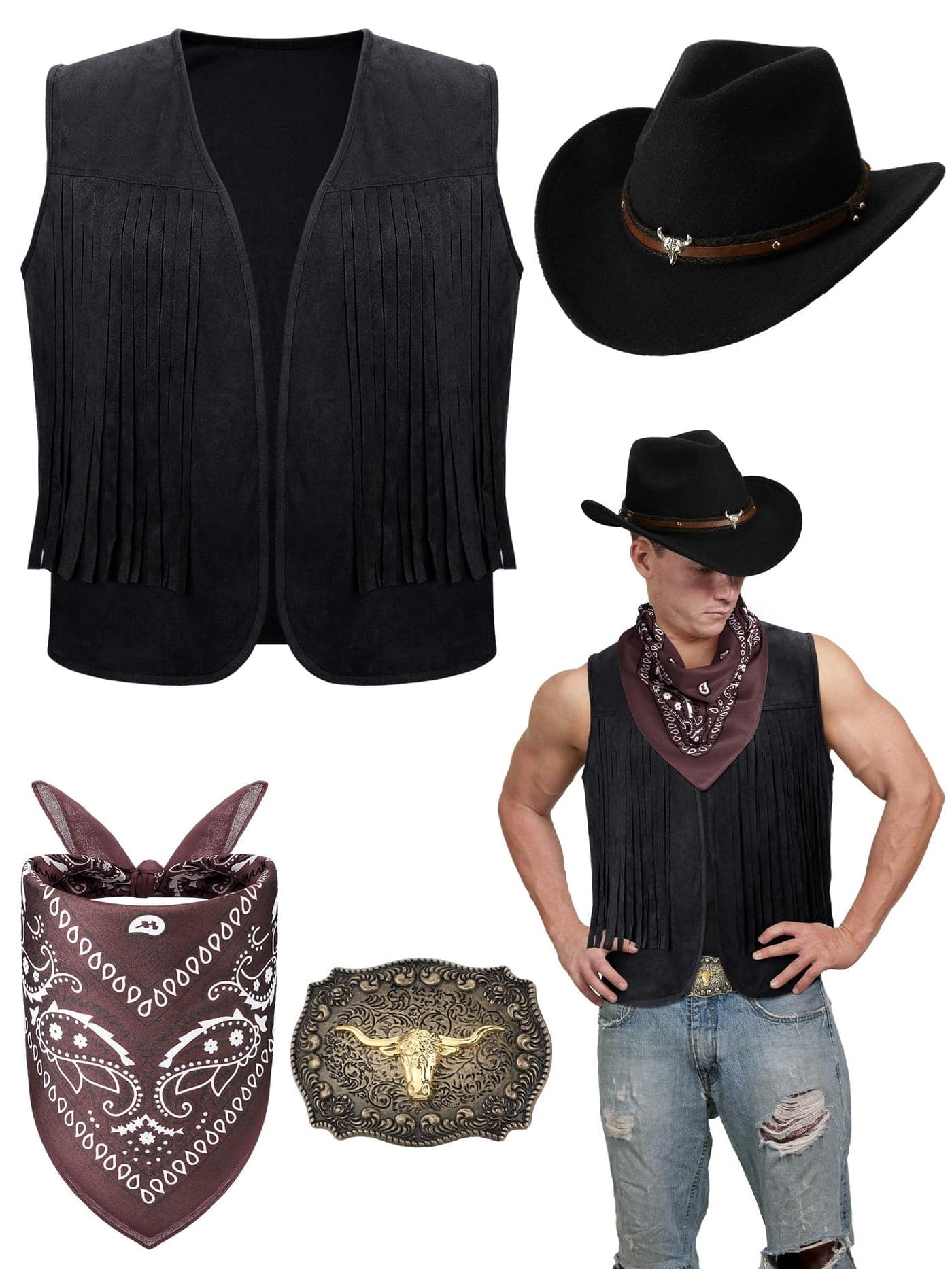 Toulite 4 Pcs Western Outfits for Men Cowboy Tassel Vest Hat Belt Buckle Paisley Bandana for Halloween Cosplay (Black,Black,Coffee,X-Large)