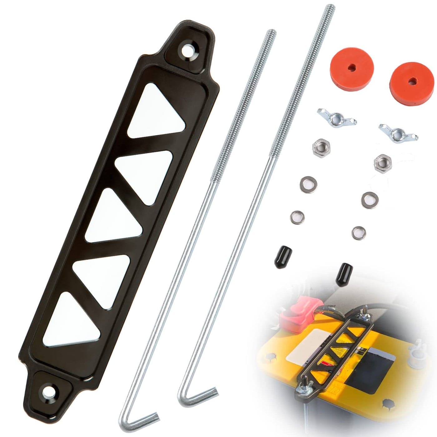 Battery Hold Down Bracket Aluminum Alloy Battery Tie Down Bracket Battery Tray for Car Battery Mount Bracket Hold Lock Accessories Car Battery Lock Down with 10inches J Bolts Black