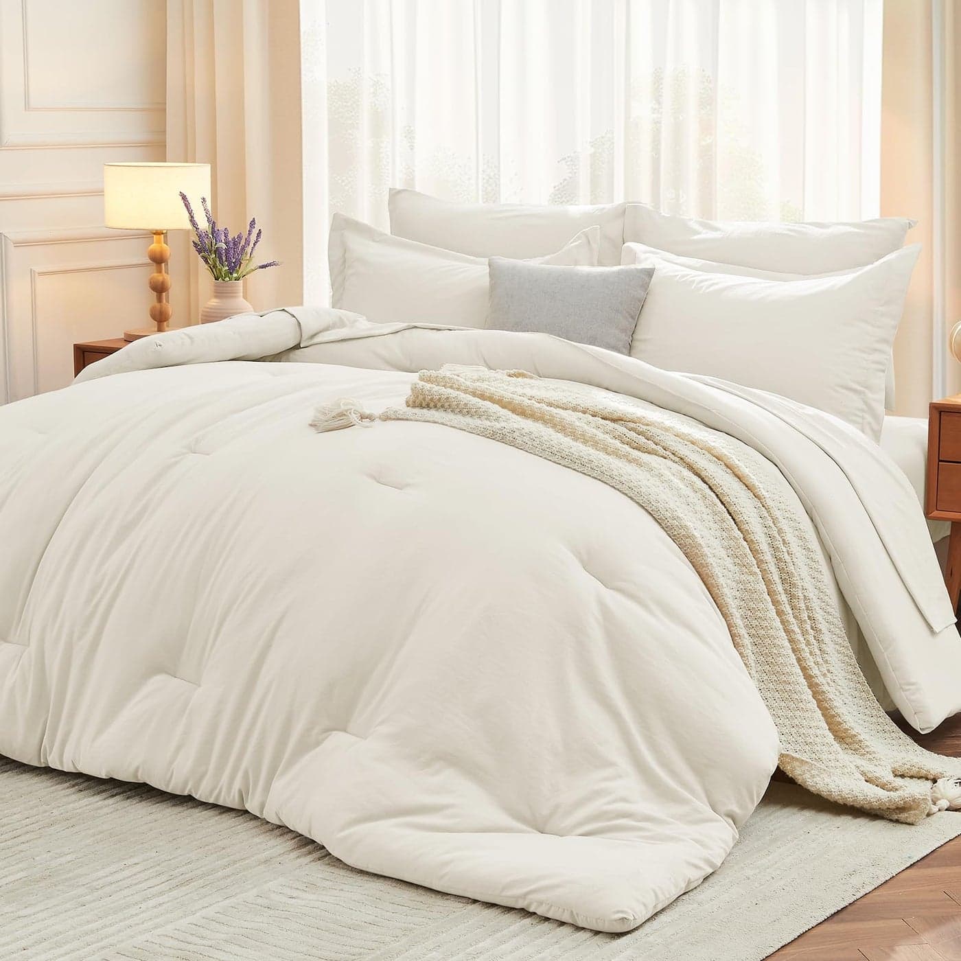 MUXHOMO 7 Pieces Queen Comforter Set Soft Bed in a Bag Queen Size All Season Bedding Set with Comforter Flat Sheet Fitted Sheet Pillowcases Shams Ivory