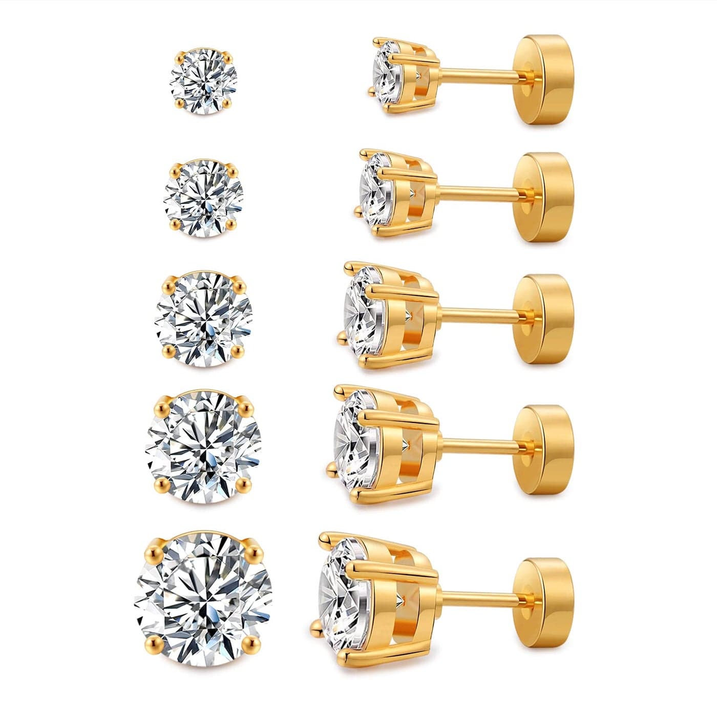 Kainier 5 Pairs CZ Stud Earrings Flat Back Earrings Simulated Diamond Round Surgical Steel Cubic Zirconia Hypoallergenic Flat Back Ear Stud Set
