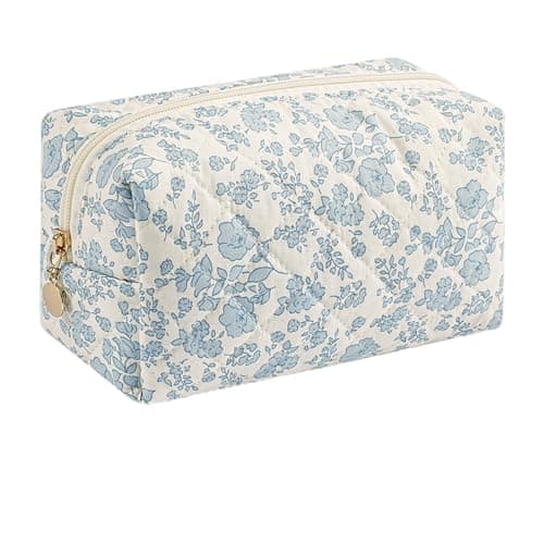 WHHJM Cute Floral Makeup Bag Small Cotton Quilted Cosmetic Bag Aesthetic Essential Bag Emergency Bag Gift for Women Girls Travel Accessories Blue Floral