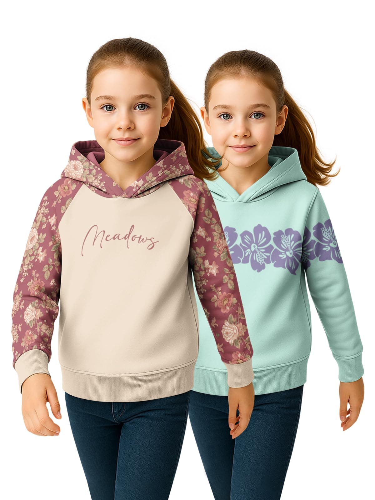HELLCAT Trendy Cotton Blend Hoodie Sweatshirt for Girls - Pack of 2_Brown, Mint Green_3-4Years