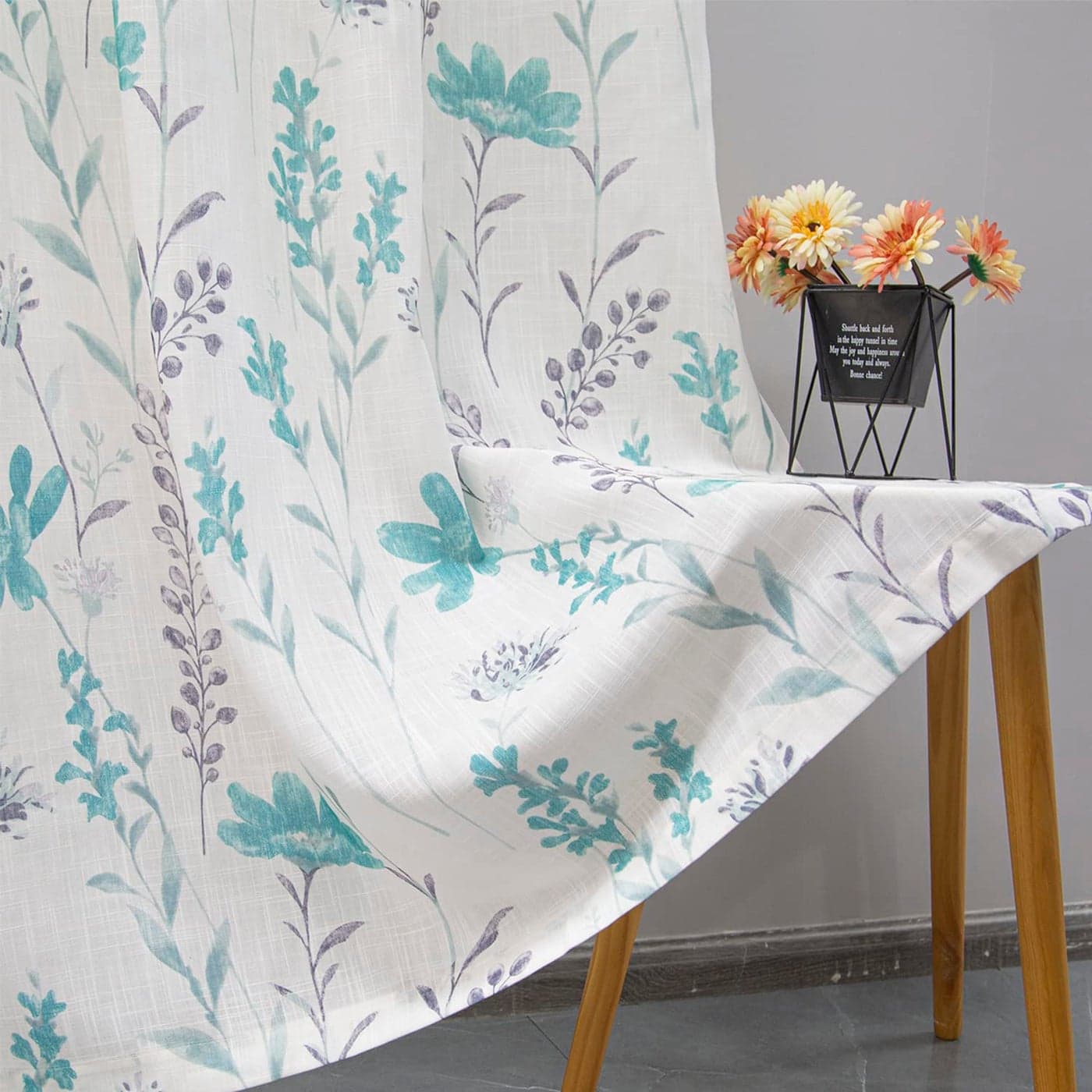 July Joy Printed Sheer Curtains Linen Textured for Living Room Floral Leaf Design Farmhouse Style Window Panel Drapes Set Grommet Treatment for Bedroom Dining 52 x 84 inch Teal