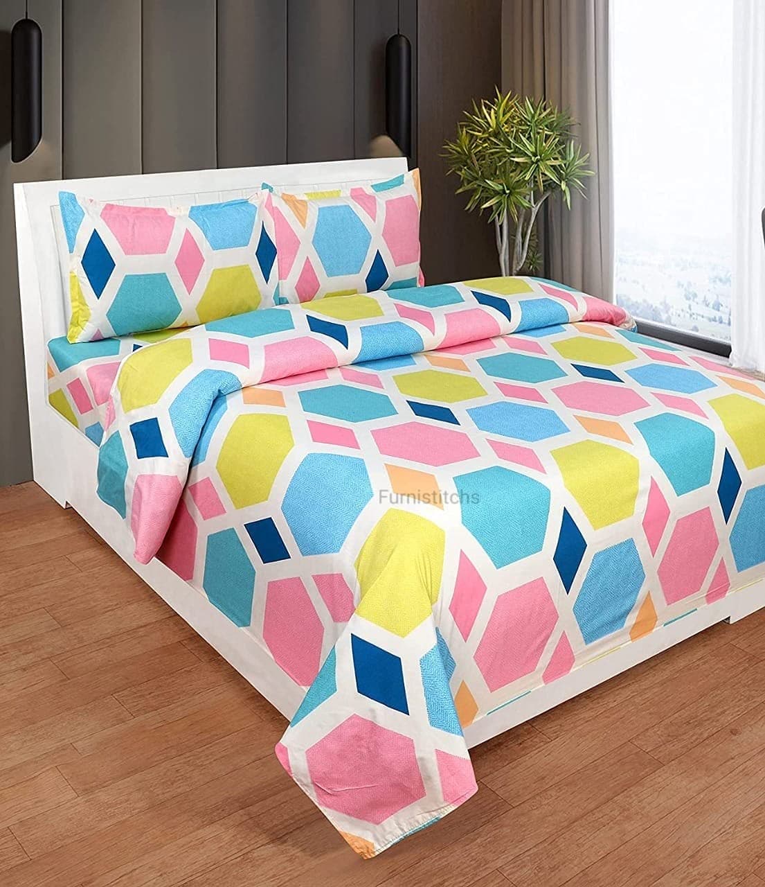 Furnistitchs Premium Glace Cotton Duvet Cover/Comforter/Rajai/Blanket/Quilt (Double 90x100 Inches, Hexagons)