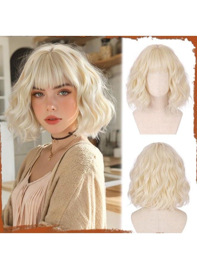 Sofeiyan Short Wavy Bob Wig with Fringe Women's 30 cm Creamy White Gold Synthetic Wig for Women Natural Curly Wig for Cosplay Daily Party Halloween