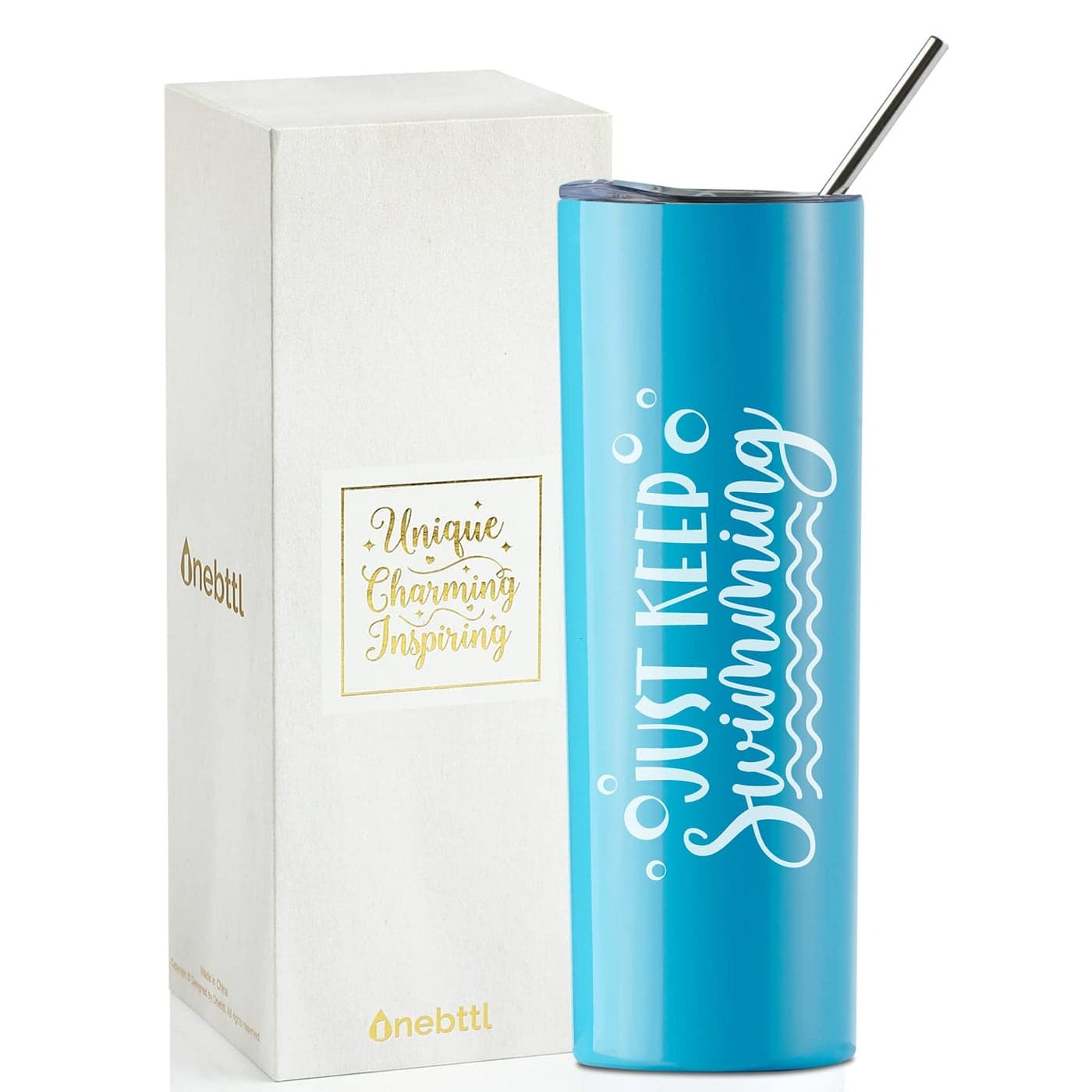 Onebttl Swimming Gifts Swimmer Stainless Steel 20oz Skinny Tumbler for Women Men Teen Girls Teammate Coach Blue Just Keep Swimming