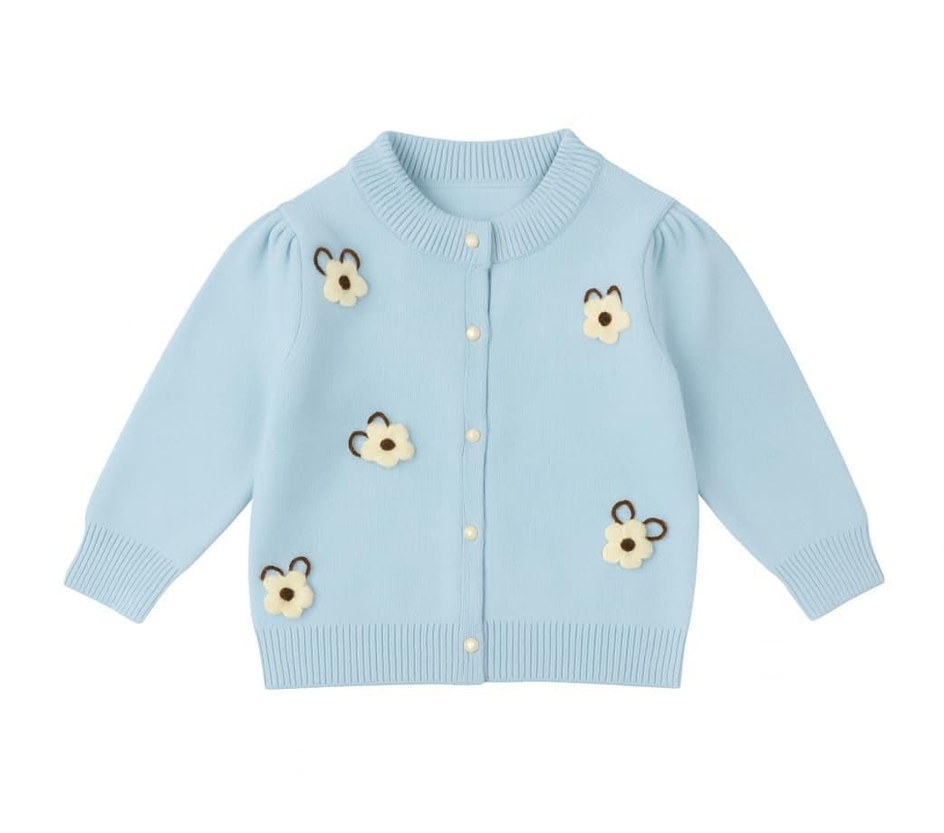 Bold N Elegant Girls Winter Warm Wool Flower Embroidery Cardigan Sweater | Soft Knit Front Open Cardigan Sweater with Cute 3D Floral Design for Girls Upto 6 Years Aqua Blue
