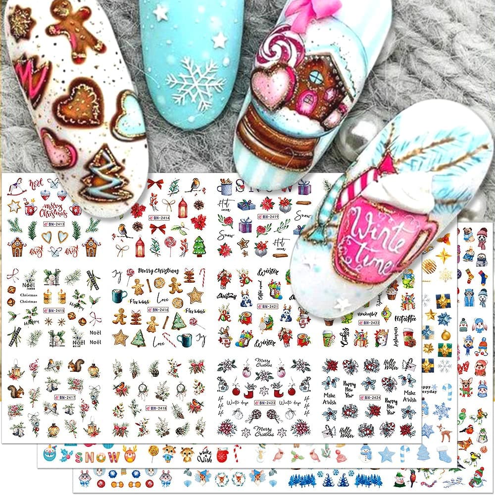 Dornail 3 Sheets Christmas Nail Stickers Winter Christmas Nail Decals Cartoon Elk Penguin Snowman Snowflake Nail Art Stickers 3D Water Transfer Stickers for Women Nail Accessories Nail Supplies