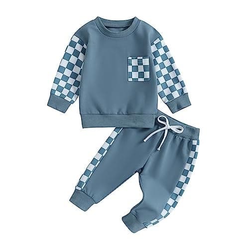 Toddler Baby Boy Fall Outfit Checkerboard Patchwork Long Sleeve Sweatshirts Elastic Waist Pants Cute Newborn Clothes Set (Color Blue, 18-24 Months)