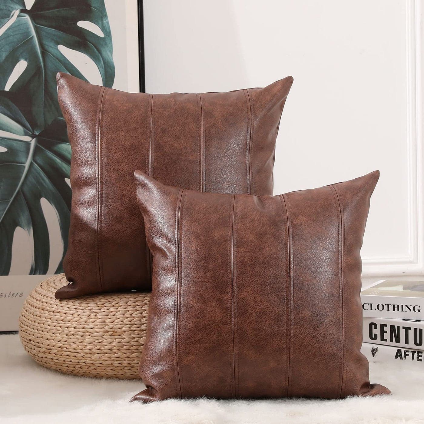 Yaertun Set of 2 Faux Leather Stripe Decorative Throw Pillow Covers Modern Solid Outdoor Cushion Cases Luxury Pillowcases for Couch Sofa Bed 18x18 Inches Dark Brown