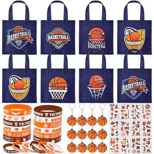 SNLN 12Sets Basketball Party Favors Birthday Supplies Boy Kid Tote Bag Silicone Bracelet Keychain Tattoo Sticker Basketball Favors Pinata Filler Goodie Bag Stuffers Basketball Birthday Party Supplies