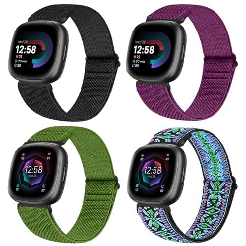 Vodtian 4 Pack Elastic Bands Compatible for Fitbit Versa 4/3 / Sense 2, Adjustable Nylon Stretchy Replacement Sport Loop Straps for Women Men