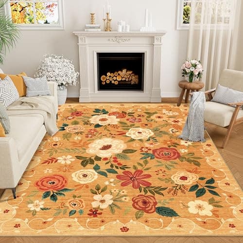 DUKINO 5x7 Area Rug Floral Rugs for Living Room Lightweight Non Slip Washable Rug Indoor Low Pile NonShedding Boho Design Rugs for Bedroom Living Room Dining Room Orange