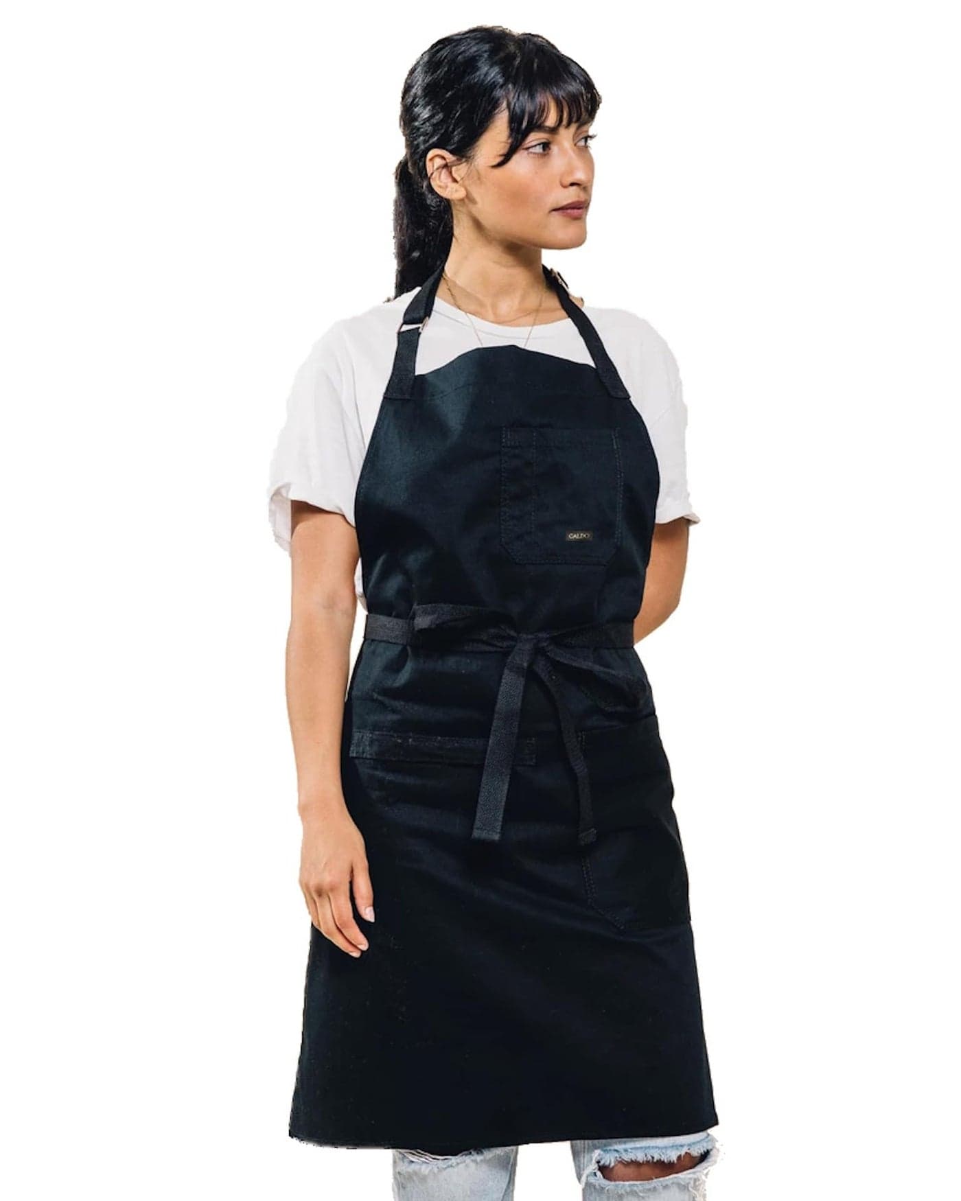 Caldo Daily Cotton Kitchen Apron for Cooking Mens and Womens Professional Chef or Server Bib Apron Adjustable Straps with Pockets and Towel Loop Black