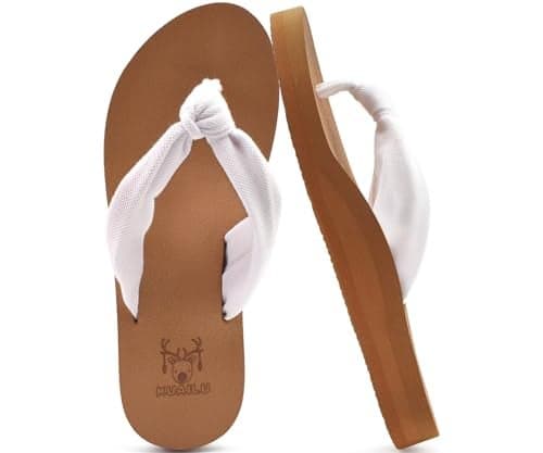 KuaiLu Flip Flops Women Arch Support Yoga Mat Comfortable Summer Beach Walking Thong Cushion Sandals Slip on Outfits Travel Essential Orthotic Slides Indoor Outdoor Slippers Shoes White Khaki Size 6.5