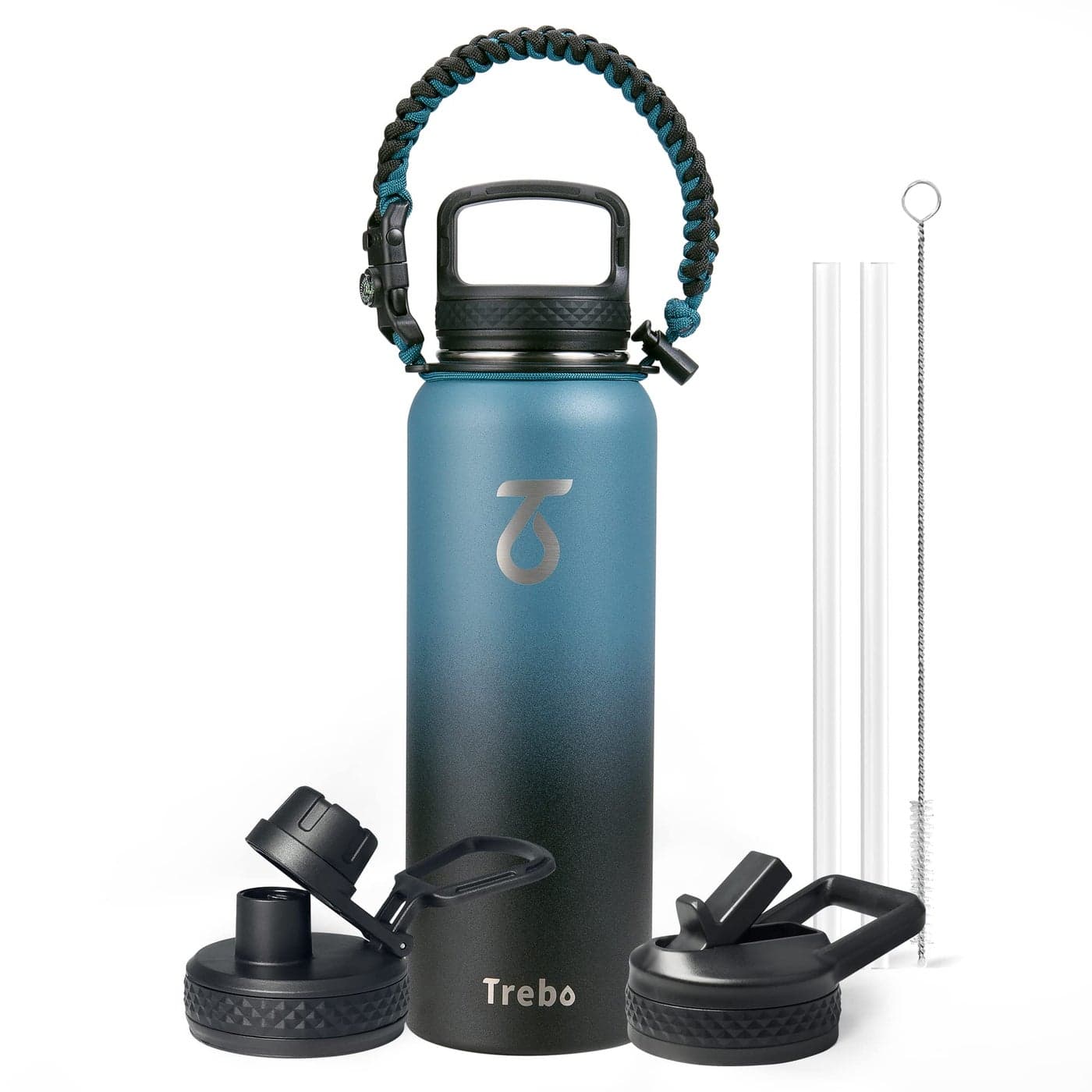 Trebo Water Bottle Insulated 40oz with Paracord Handle Vacuum Double Wall Stainless Steel Water Jug 48hr Cold Retention Leakproof BPAFree Flask With 3 Lids Fits in Car Cup Holder IndigoBlack