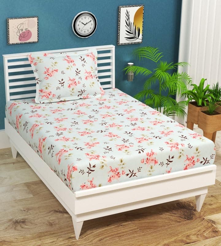 BSB HOME Premium Cotton 180tc Flat Single Bedsheets for Summer Breathable | Wrinklefree (Size-60 x 90 Inch) with 1 Pillow Covers (Size-17 x 27 Inches, Aqua & Pink Flower)