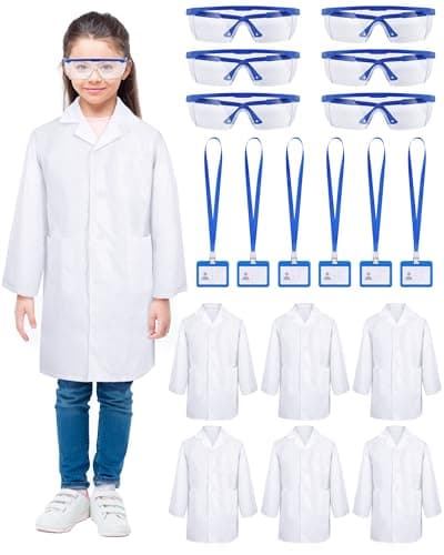 6 Sets 18 Pcs White Kids Lab Coats Bulk Children Girl Doctor Scientist Costume Lab Coat with Goggles Card Holder Large