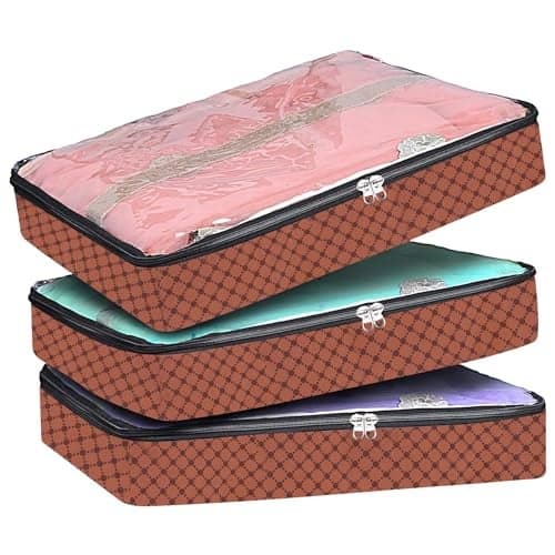PulGos 3Pcs Non-Woven Saree Covers/Storage Bags with Zip Cover/Space Saving Transparent top window/Wardrobe-Cupboard Organizer/Holds 4 to 5 Sarees Each/Saree bags (Brown)