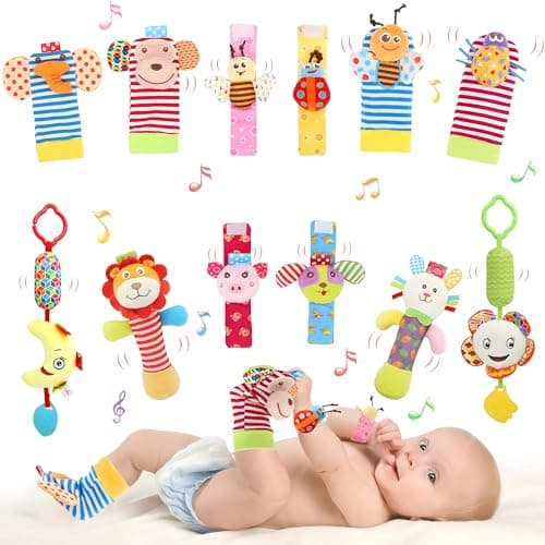Bloobloomax Wrist and Foot Rattles - Hanging and Hand Bracelet Rattles, Ankle Socks for Newborns and Infants (12pcs)