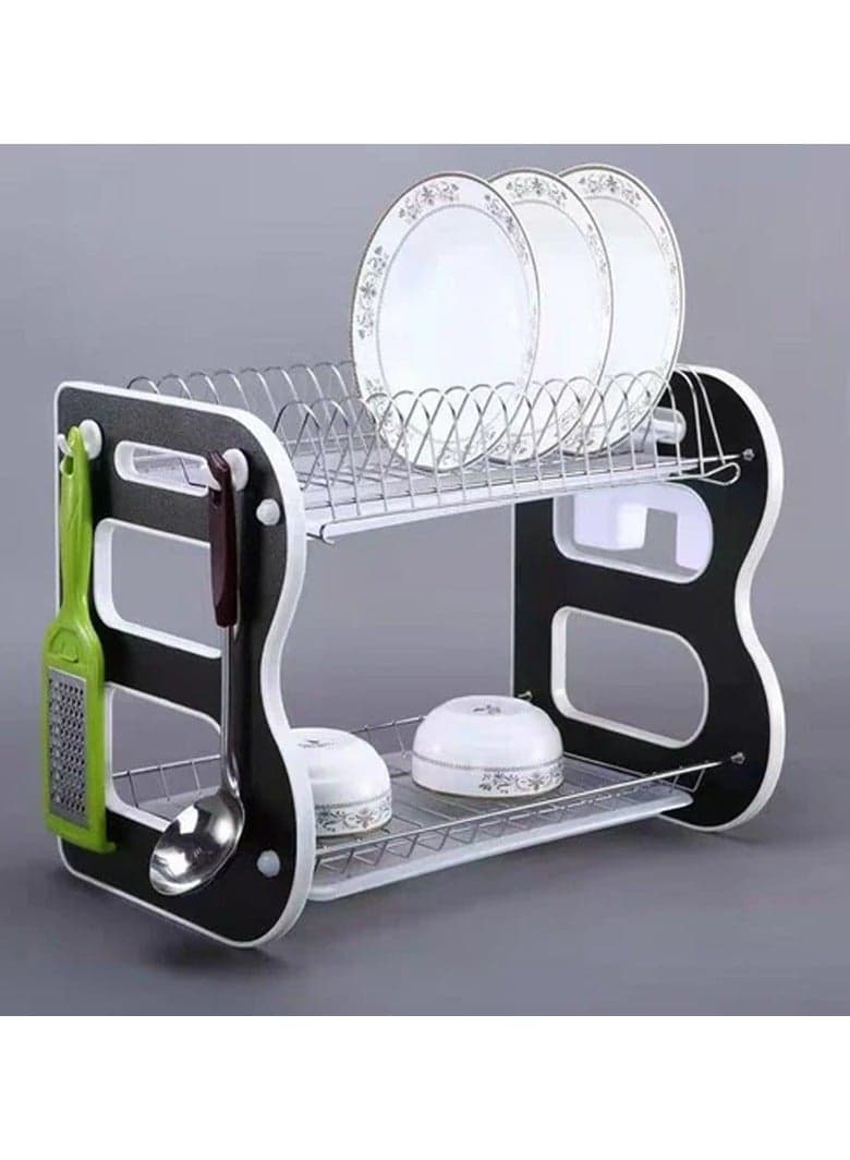 B Design Kitchen Counter Dish Rack 2 Tiers Dish Drying Stand Bowl Dish Strainer Large Kitchen Organiser Shelves Utensils Drying Storage Basket with Drainboard Metal Plate Tray Holder with Towel Hook