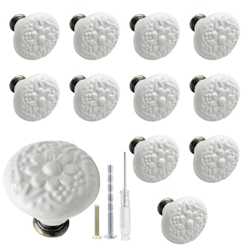 Biaungdo 12 Pcs White Ceramic Kitchen Cabinet Knobs and Pulls, Retro Vintage Round Drawer Knobs, Decorative Closet Door Handles