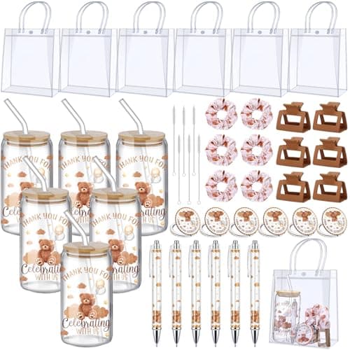 Boao 6 Set Baby Shower Game Prizes for Player Winners Tumblers with Lids Straws Mirrors Hair Scrunchies Pens Hair Clips Gift Bags for Baby Bridal Shower Wedding Game FavorsBrown Bear