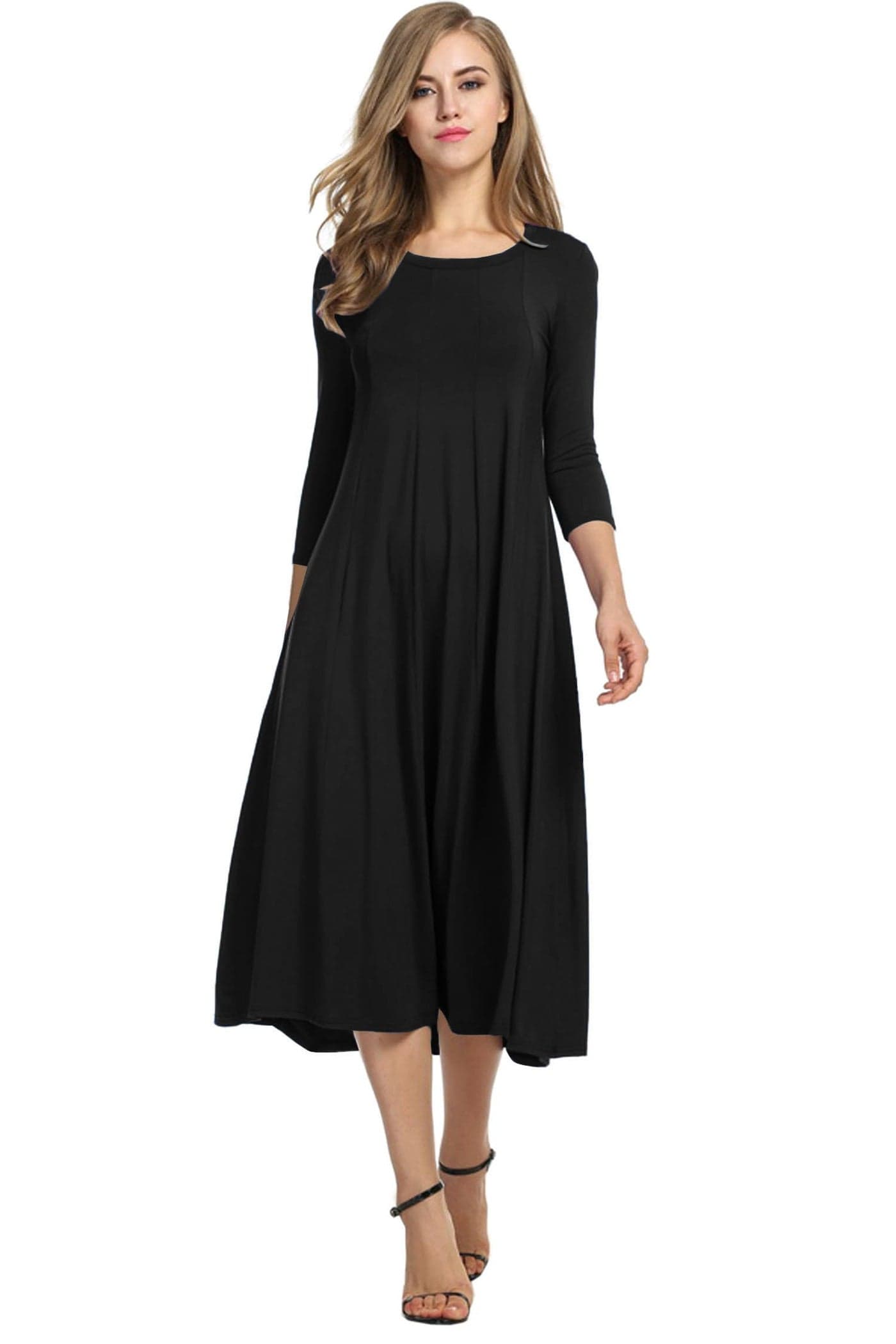 HOTOUCH Women's 3/4 Sleeve Casual Pleated Tshirt Dress (Black L)