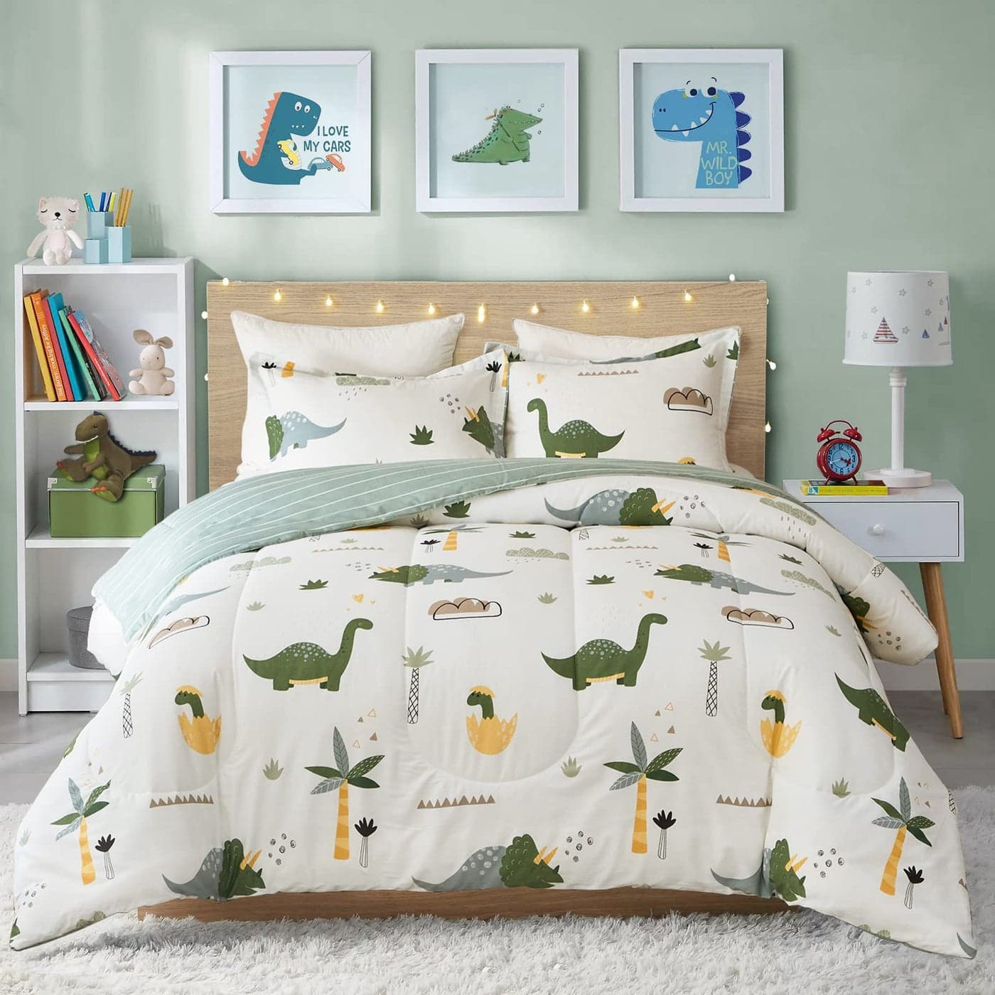 Joyreap Dinosaur Kids Cotton Comforter Set for Boys Girls Twin Size 3pcs Cotton Bedding Comforter Fresh Green Dinosaurs on White Design SkinFriendly Breathable for All Season 68x88 inches