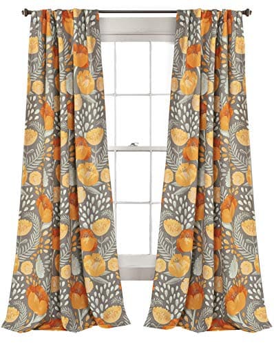Lush Decor Poppy Garden Curtains Light Filtering Window Set for Living Dining Bedroom 84 in L Panel Pair Yellow Gray