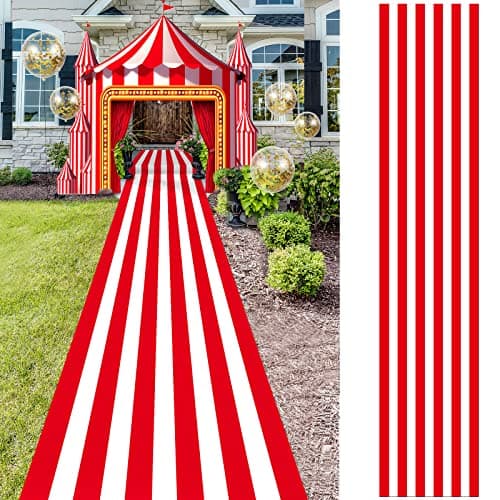 Boao 2 Pcs Carnival Circus Party Supplies Red and White Striped Aisle Runners Carnival Theme Party Floor Decor 24 in x 10 ft for Halloween Birthday Decorations Photo Session Indoor Outdoor Christmas