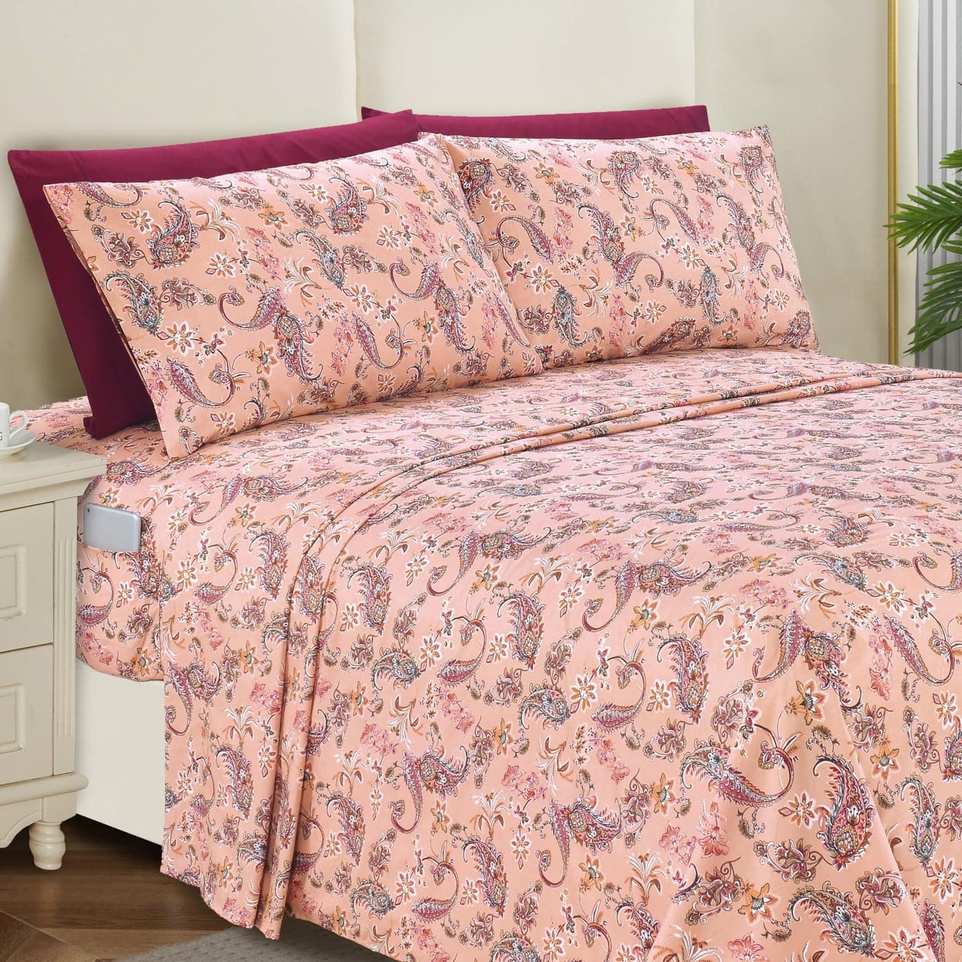 Elegant Comfort Softest and Coziest 6Piece Sheet Set 1500 Premium Hotel Quality Microfiber Deep Pocket Wrinkle Resistant 6Piece Paisley Pattern Bed Sheet Set King Paisley Coral