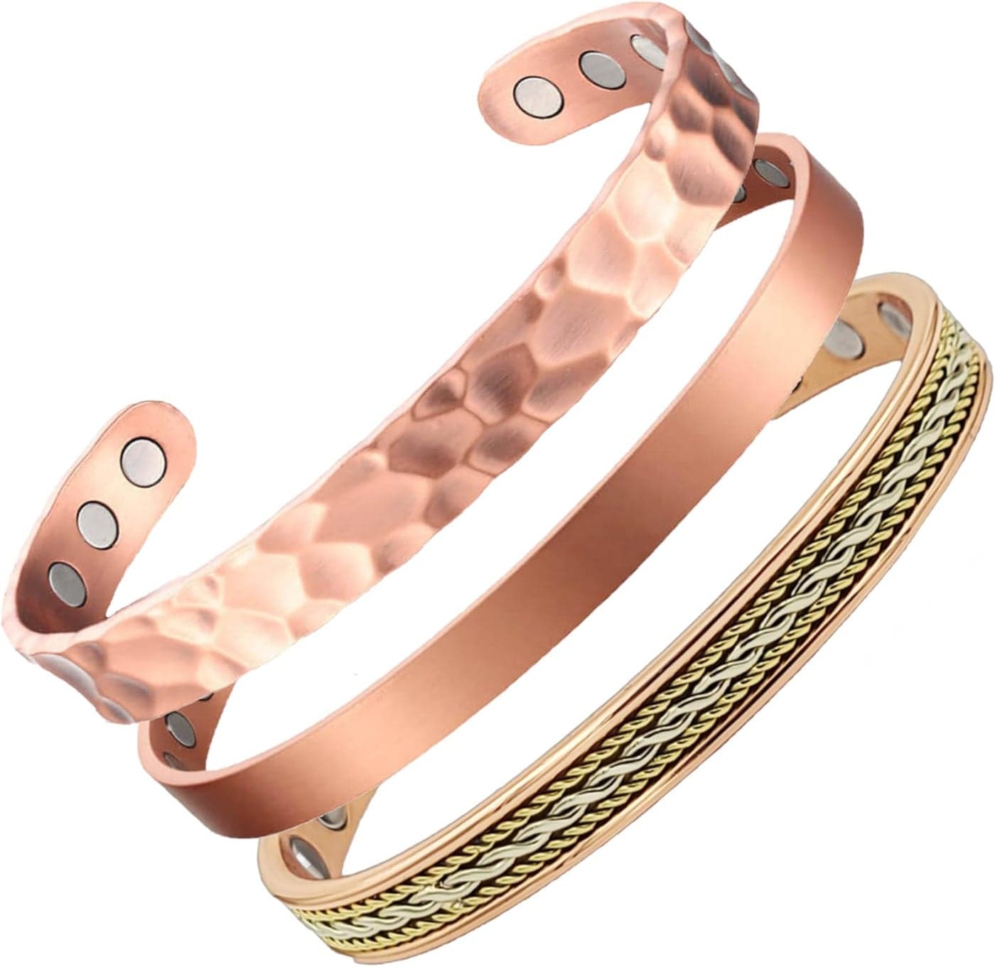 Ultimate Set - Minimal, Rope, & Hammered Cuffs - Pure Copper Magnetic Bracelets - For Women Men - Adjustable - Ultra Strength