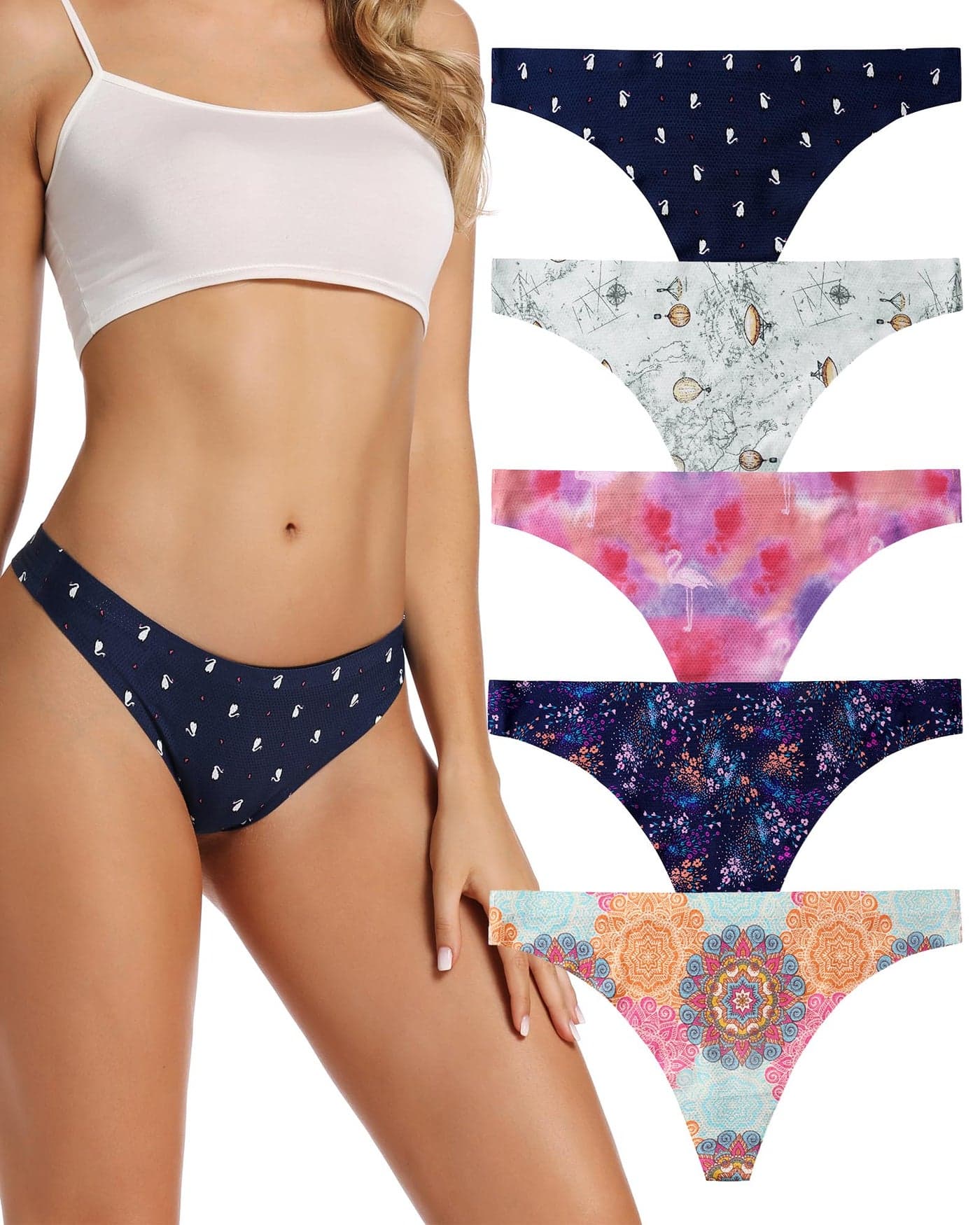 Seamless Women Underwear Thongs Multipack,No Show Ladies Thong,Invisible No Line Breathable Comfortable Panties Undies,Womens No Seam Soft Wide Gusset Tanga,Microfiber Legging Underpants,5-Pack