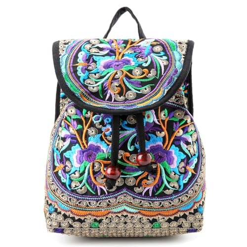 Goodhan Vintage Embroidered Women Backpack Ethnic Travel Handbag Shoulder Bag, 12x10x5 inch, Purple